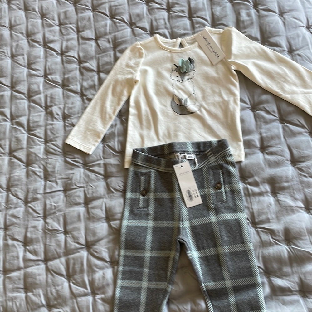Brand new with tags Janie and Jack fox shirt and plaid ponte pants! 12-18 months